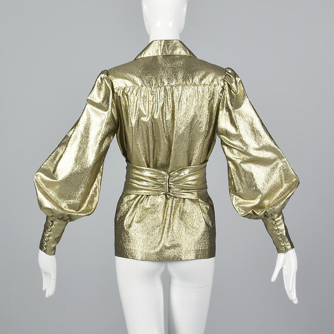 1970s Mollie Parnis Gold Lamé Blouse with Bishop Sleeves