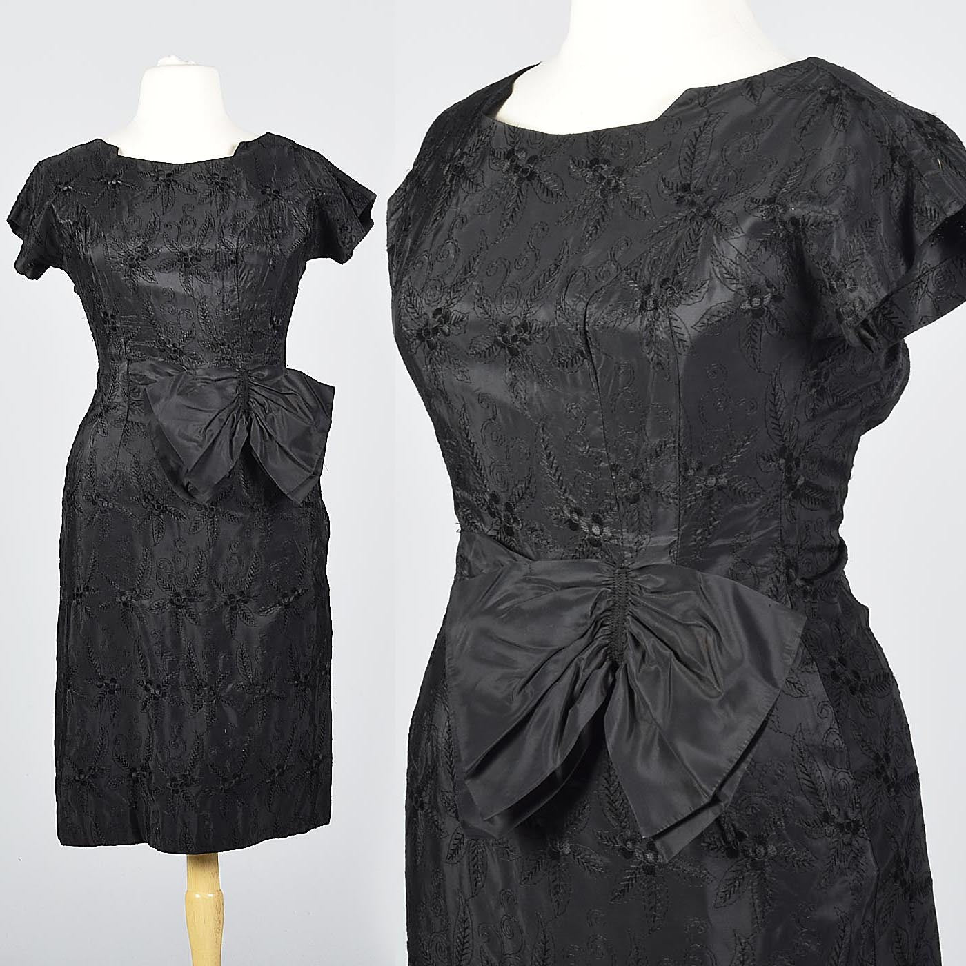 1950s Black Dress with Black Floral Embroidery