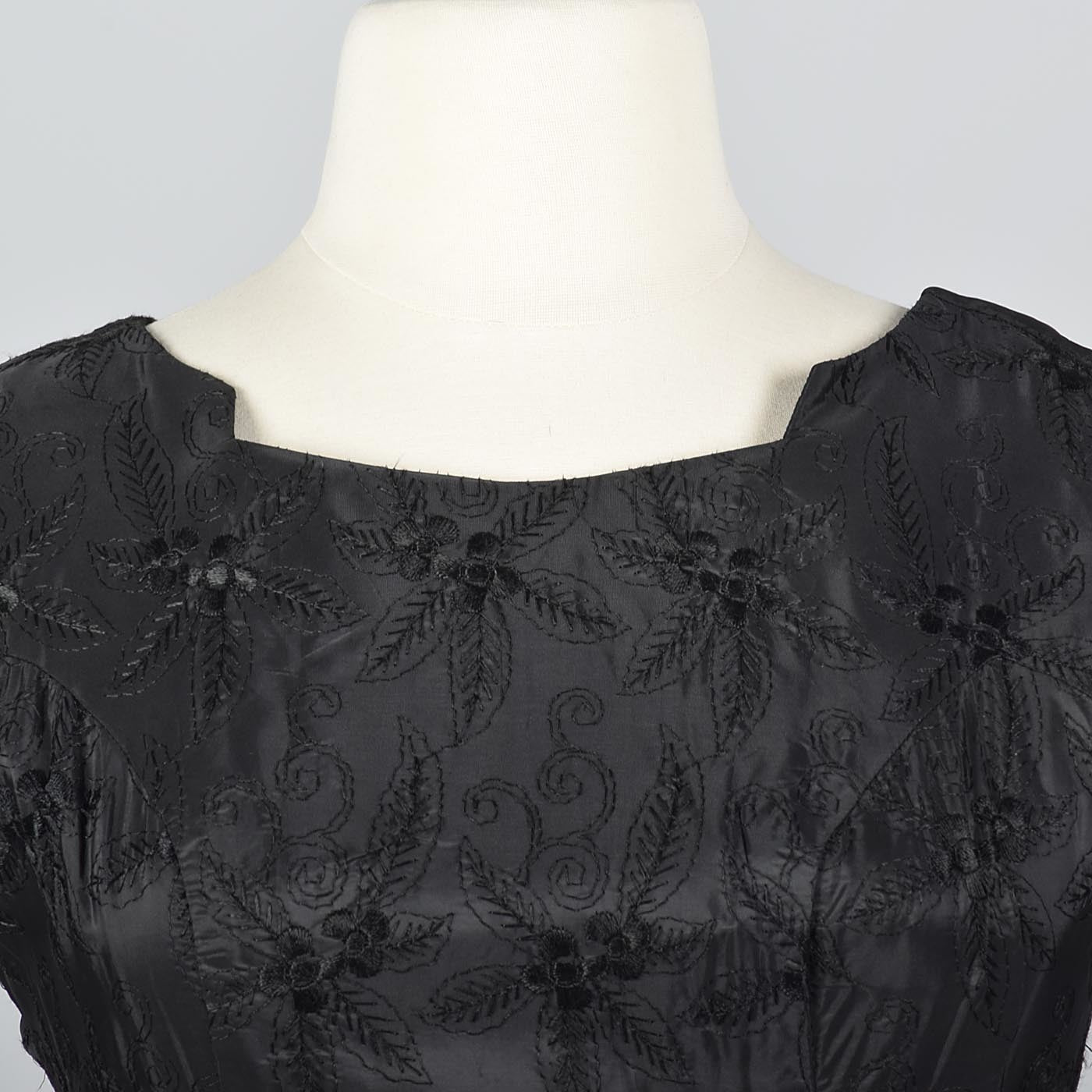 1950s Black Dress with Black Floral Embroidery