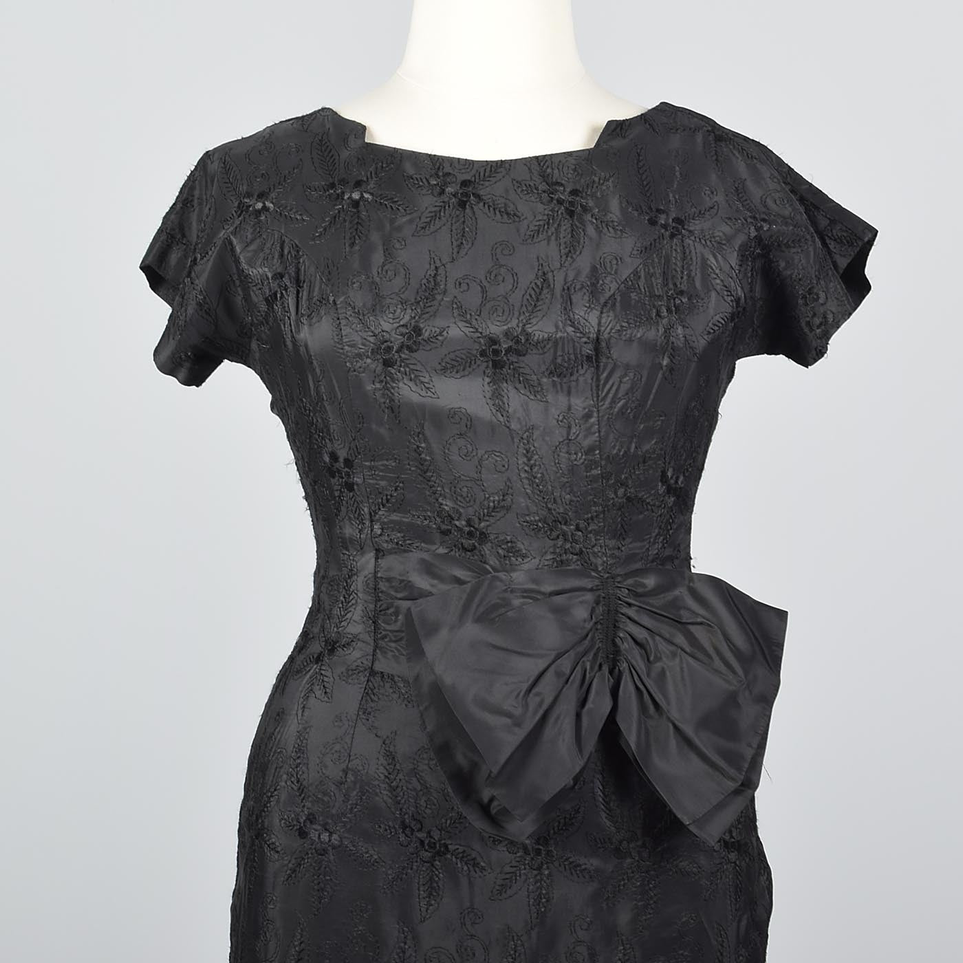 1950s Black Dress with Black Floral Embroidery