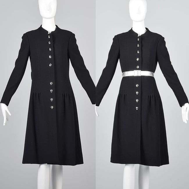 1960s Via Veneto Black Wool Coat with Silver Buttons