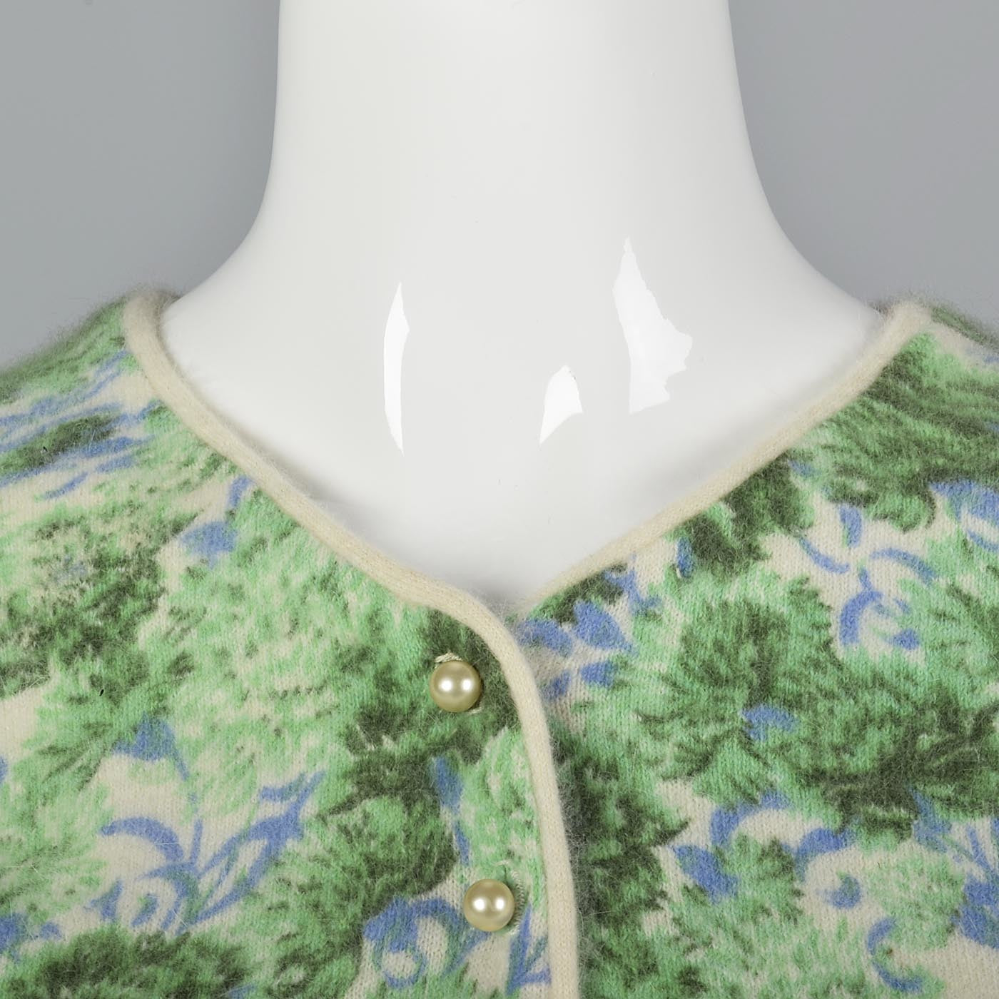 1960s Green and Blue Floral Print Angora Sweater