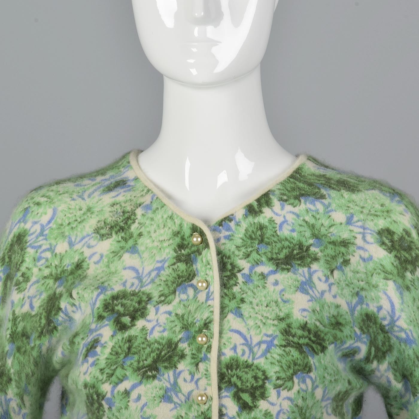 1960s Green and Blue Floral Print Angora Sweater