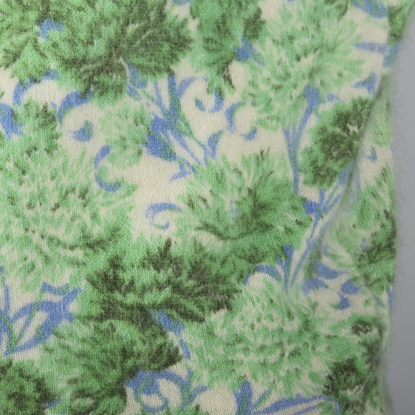1960s Green and Blue Floral Print Angora Sweater
