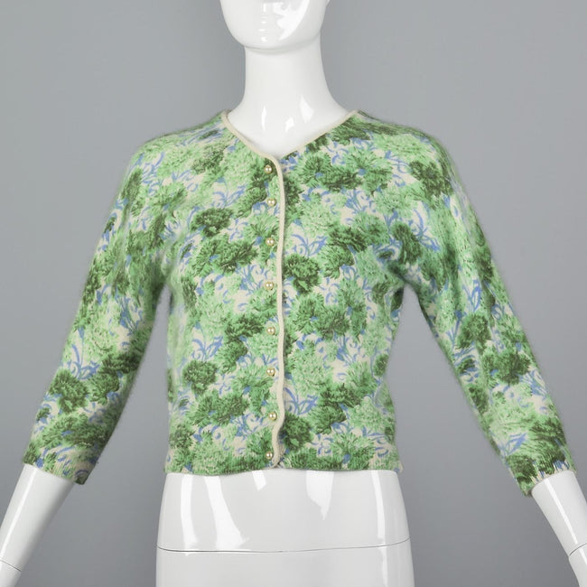 1960s Green and Blue Floral Print Angora Sweater
