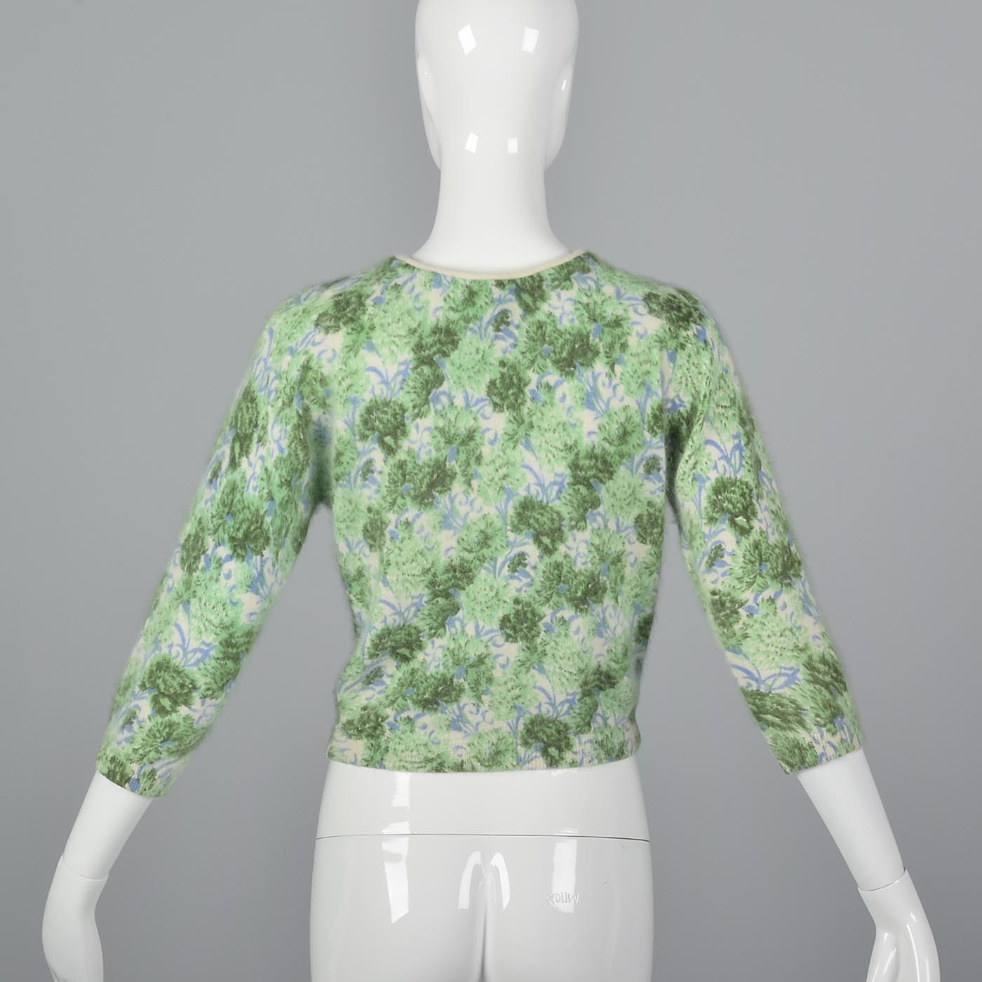 1960s Green and Blue Floral Print Angora Sweater