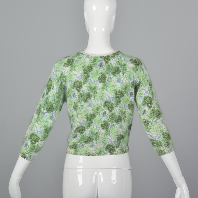 1960s Green and Blue Floral Print Angora Sweater