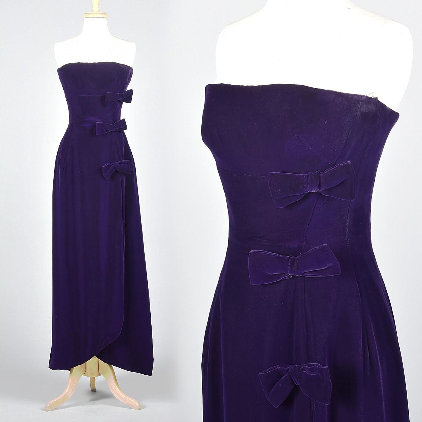 1960s Purple Velvet Dress with Decorative Bows