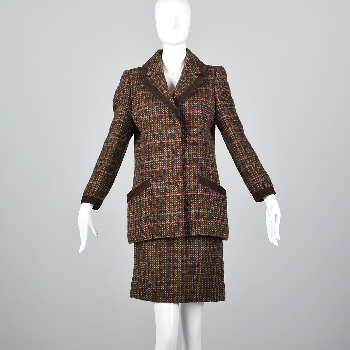 1980s Salvatore Ferragamo Mohair Tweed Skirt Suit with Corduroy Trim