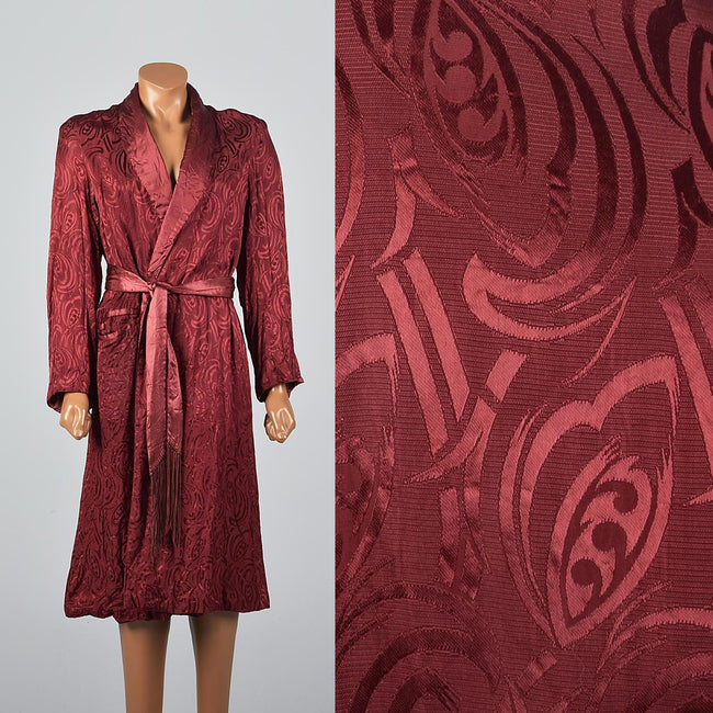 1950s Men's Rayon Red Swirl Brocade Robe with Fringe