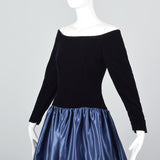 Off Shoulder Scaasi Drop Waist Party Dress in Navy Blue