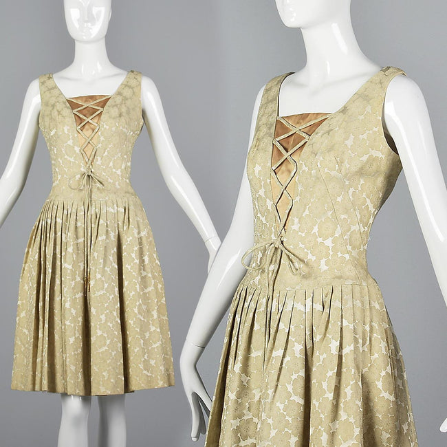 1950s Ivory Brocade Dress with Corset Illusion Front