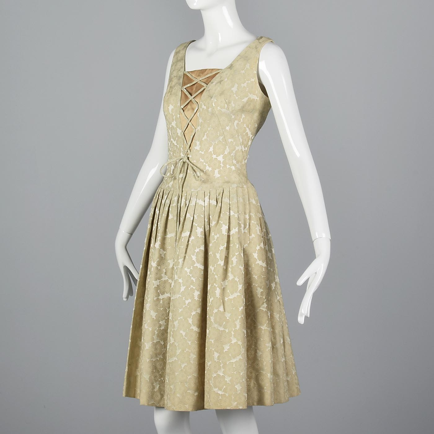 1950s Ivory Brocade Dress with Corset Illusion Front