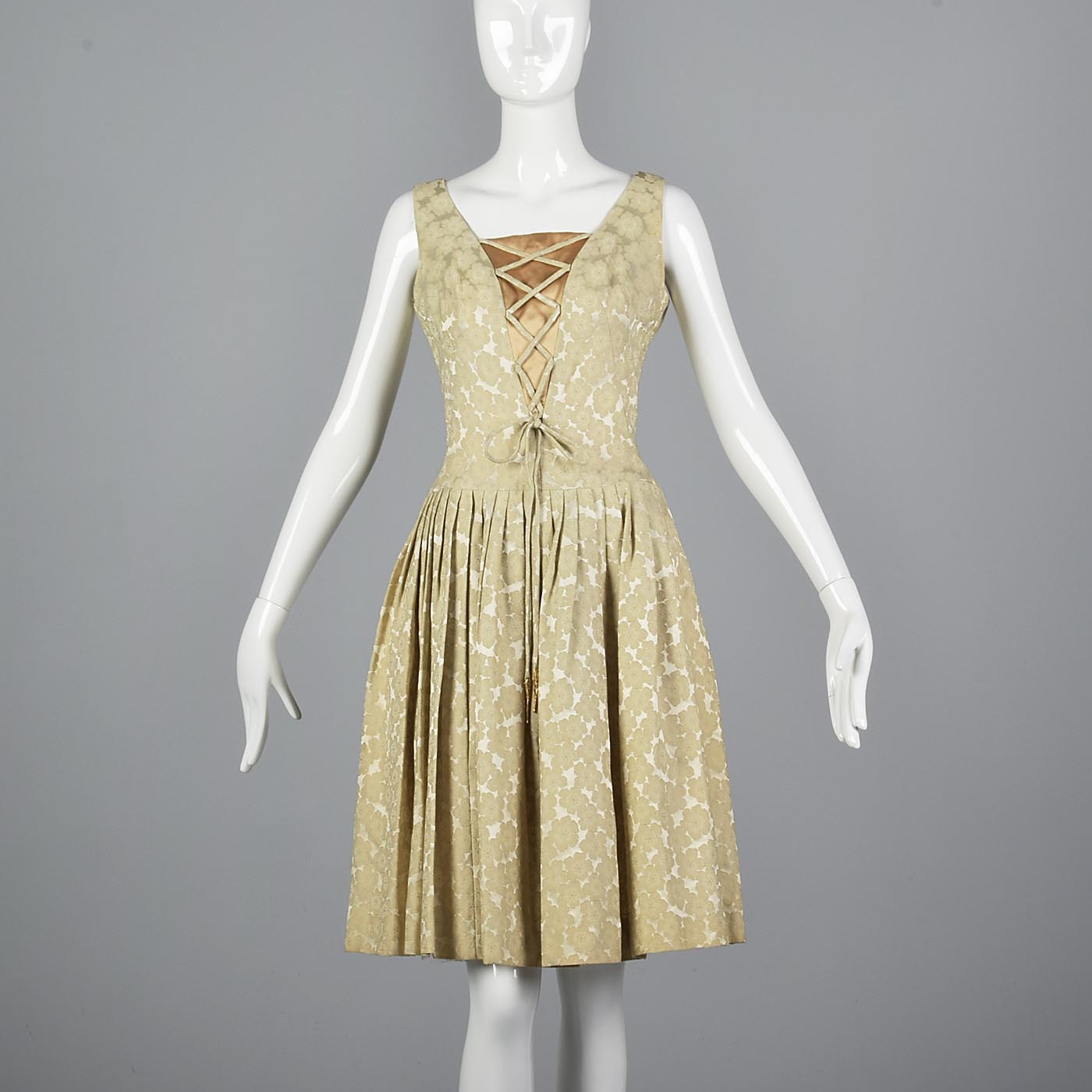 1950s Ivory Brocade Dress with Corset Illusion Front