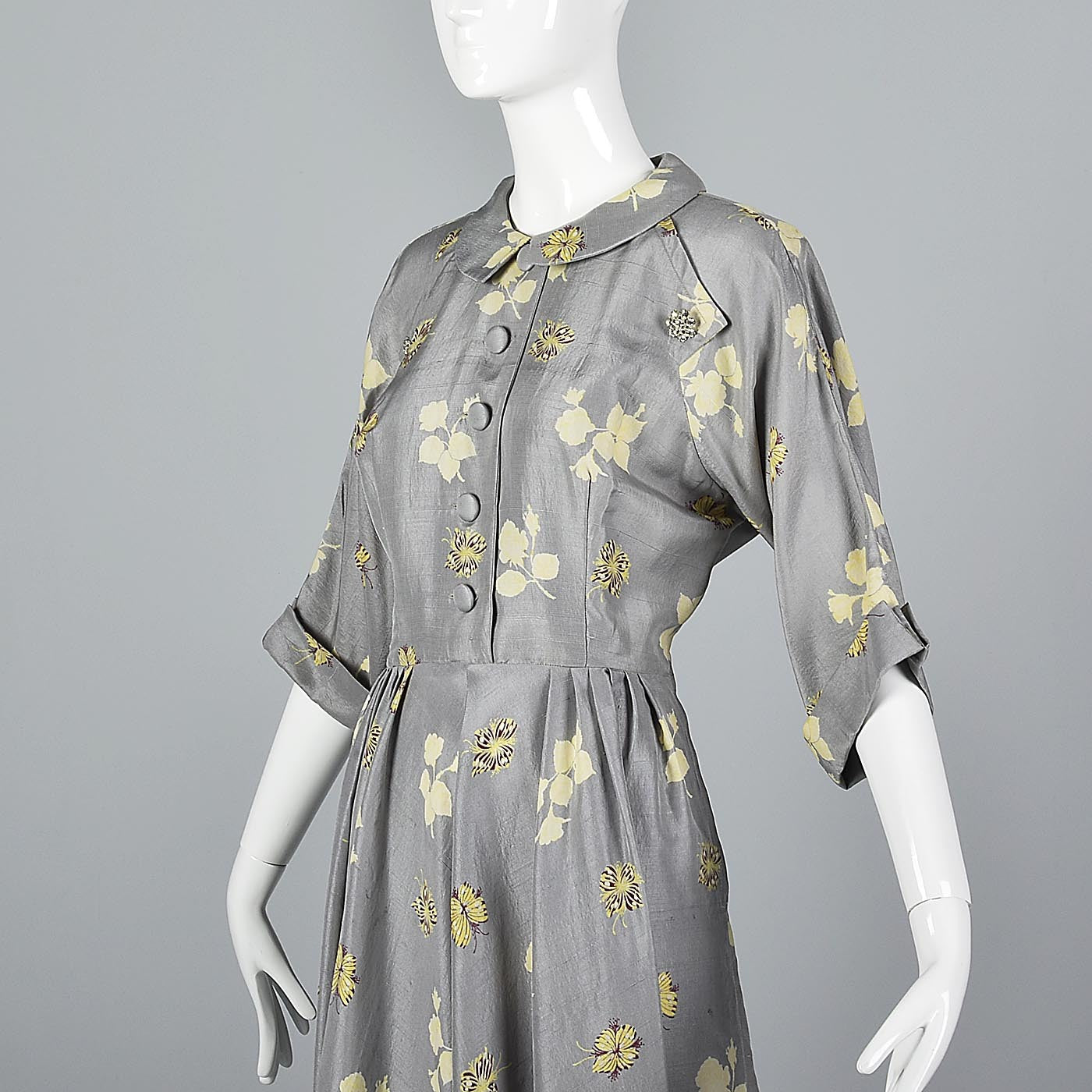 1950s Gray Silk Dress with Floral Print