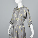 1950s Gray Silk Dress with Floral Print