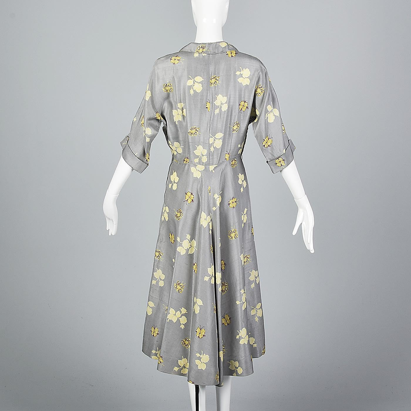 1950s Gray Silk Dress with Floral Print