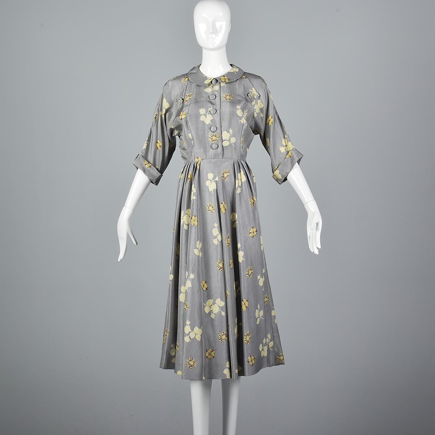 1950s Gray Silk Dress with Floral Print