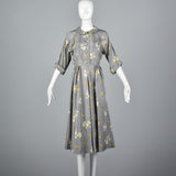 1950s Gray Silk Dress with Floral Print
