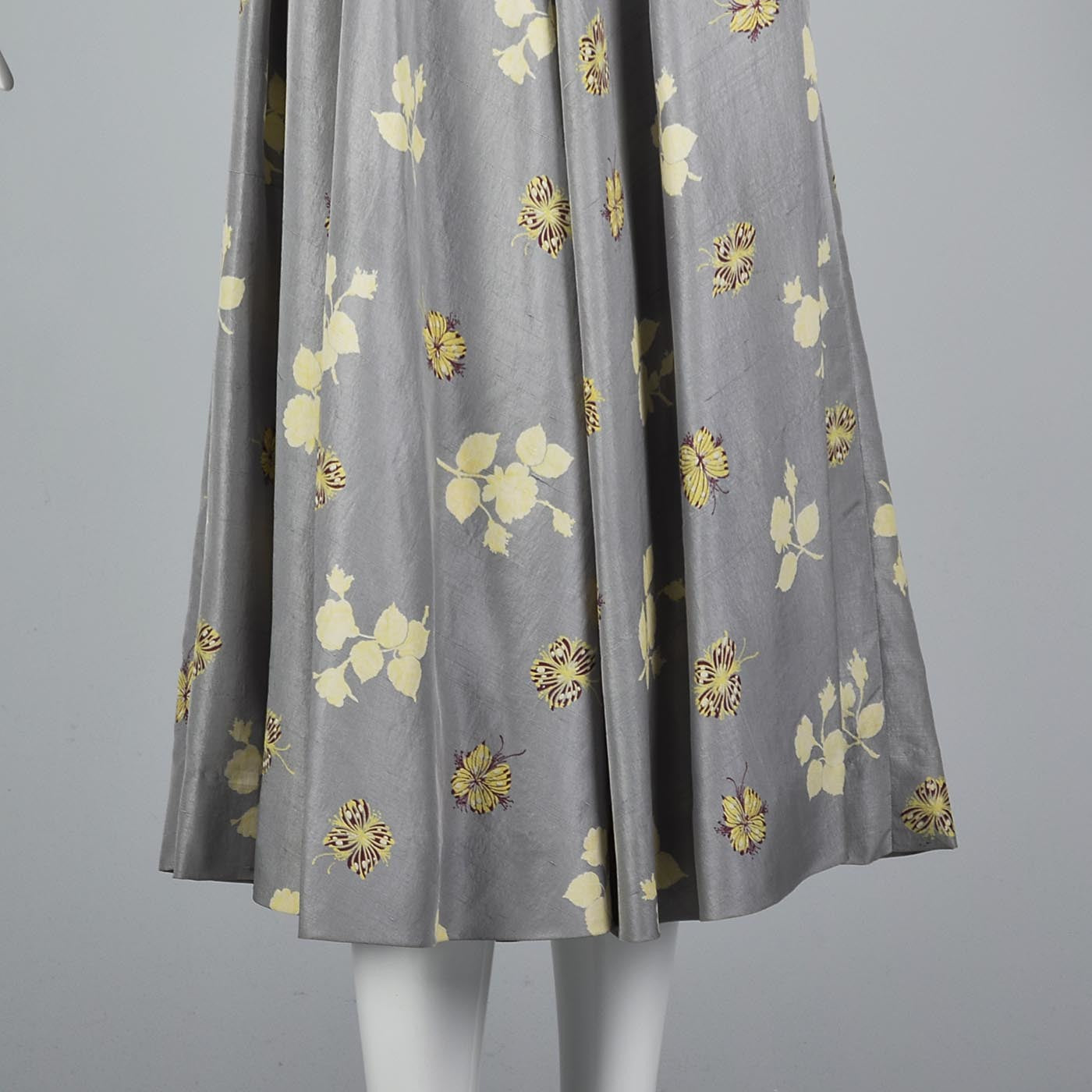 1950s Gray Silk Dress with Floral Print