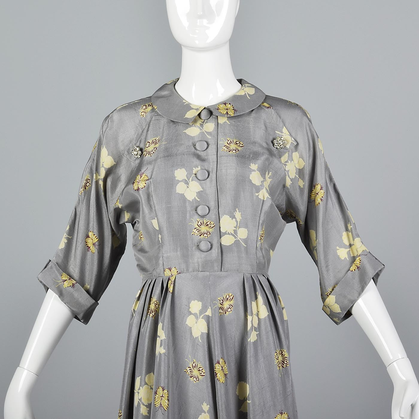 1950s Gray Silk Dress with Floral Print