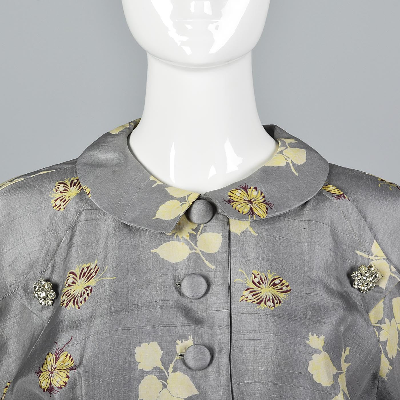 1950s Gray Silk Dress with Floral Print
