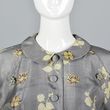 1950s Gray Silk Dress with Floral Print