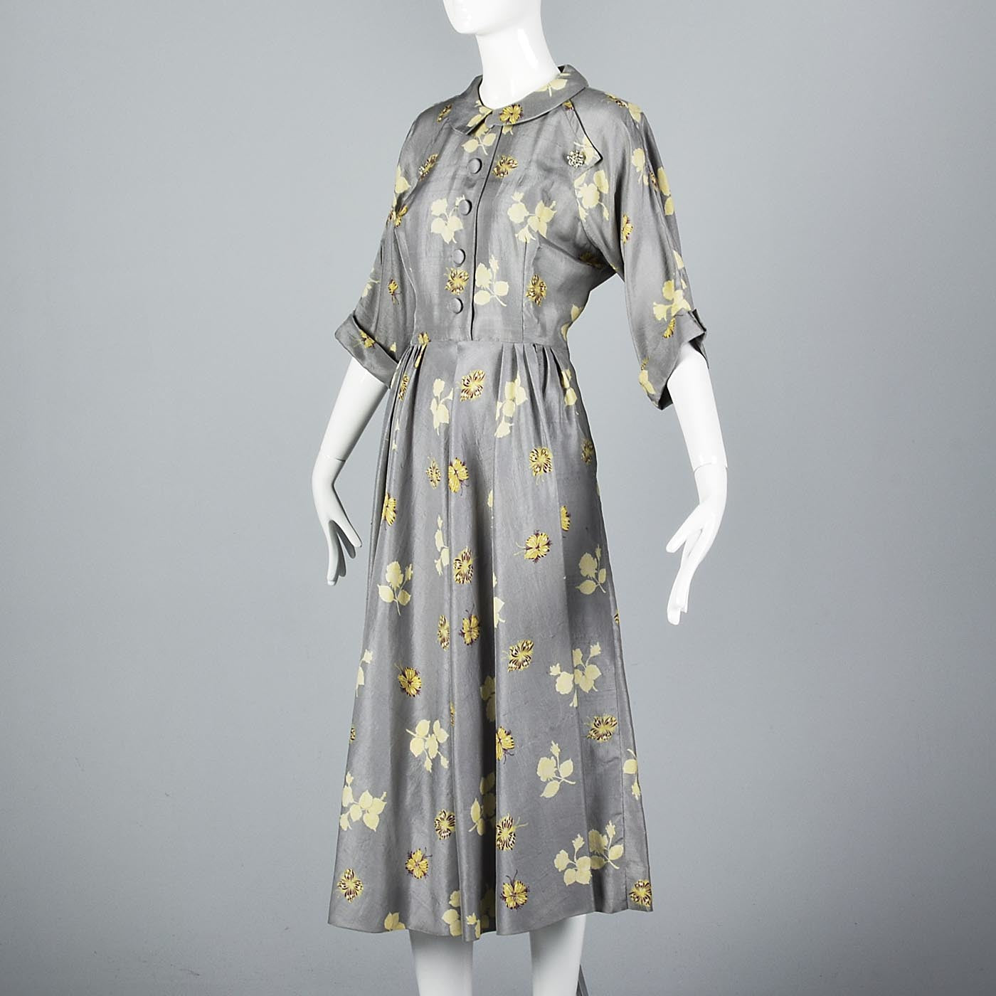 1950s Gray Silk Dress with Floral Print