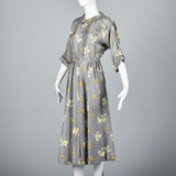 1950s Gray Silk Dress with Floral Print