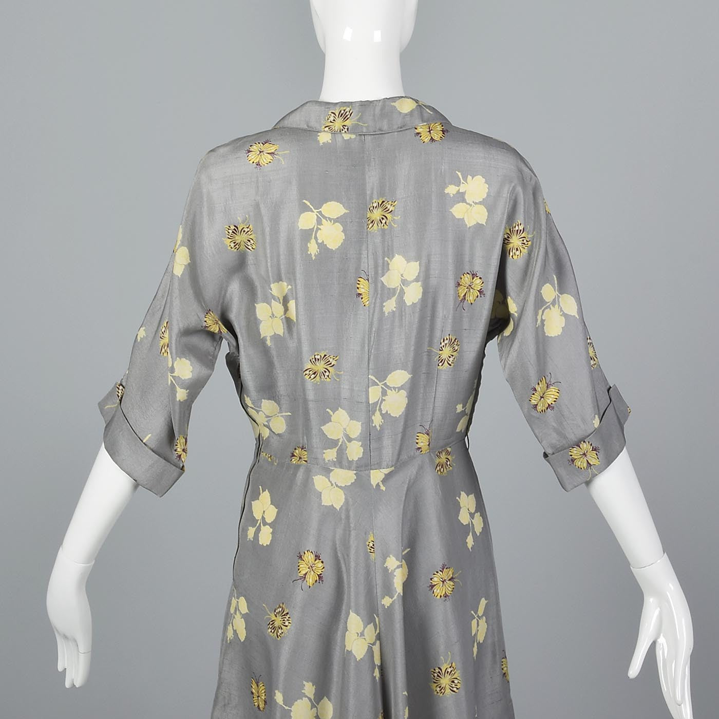 1950s Gray Silk Dress with Floral Print