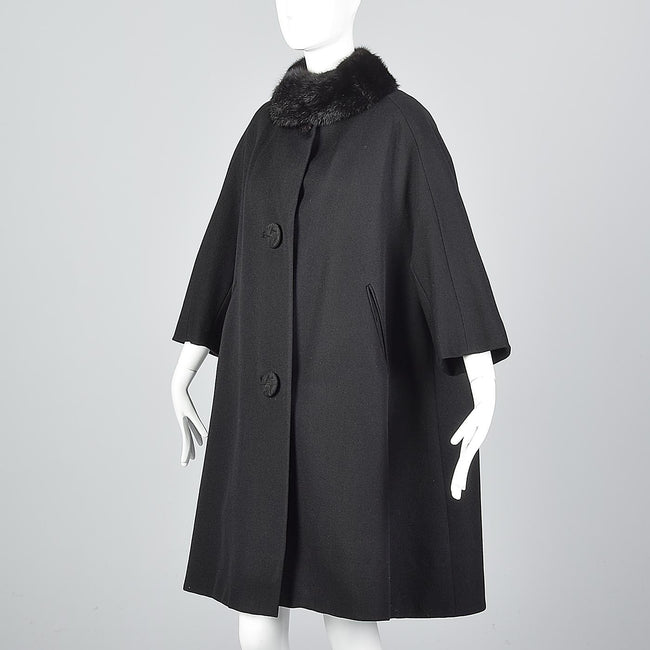 1960s Black Wool Swing Coat with Mink Collar