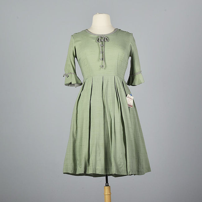 1950s Sage Green Day Dress with Gingham Trim