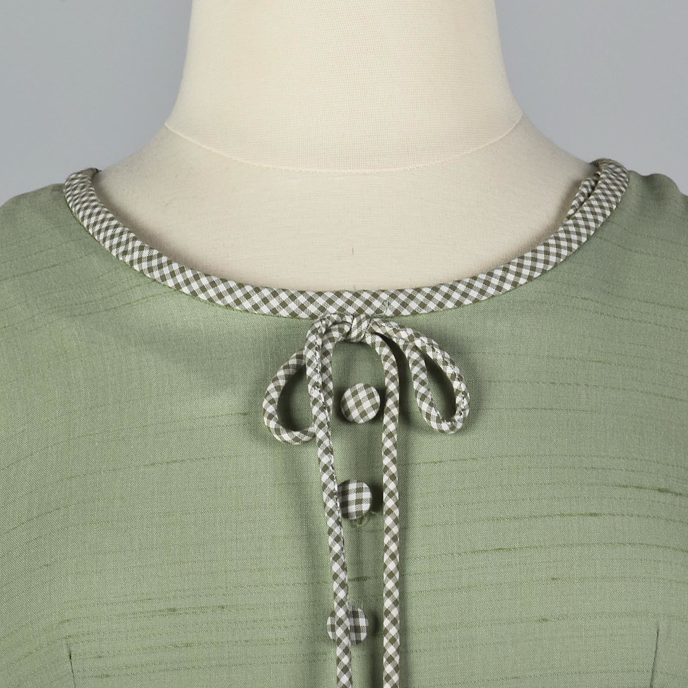 1950s Sage Green Day Dress with Gingham Trim