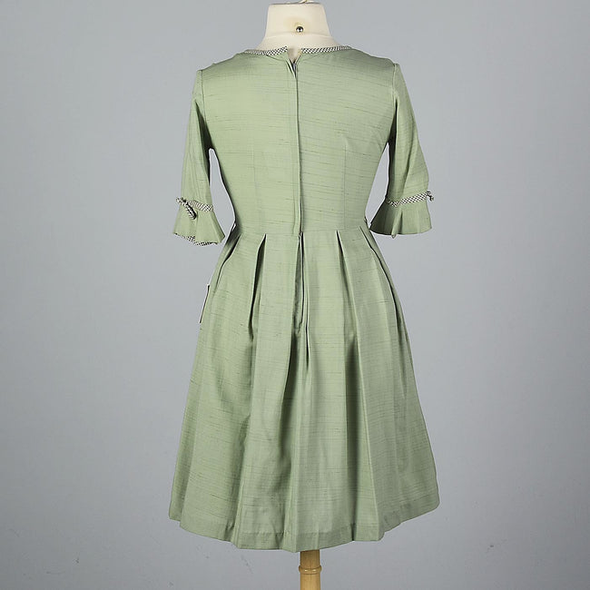 1950s Sage Green Day Dress with Gingham Trim