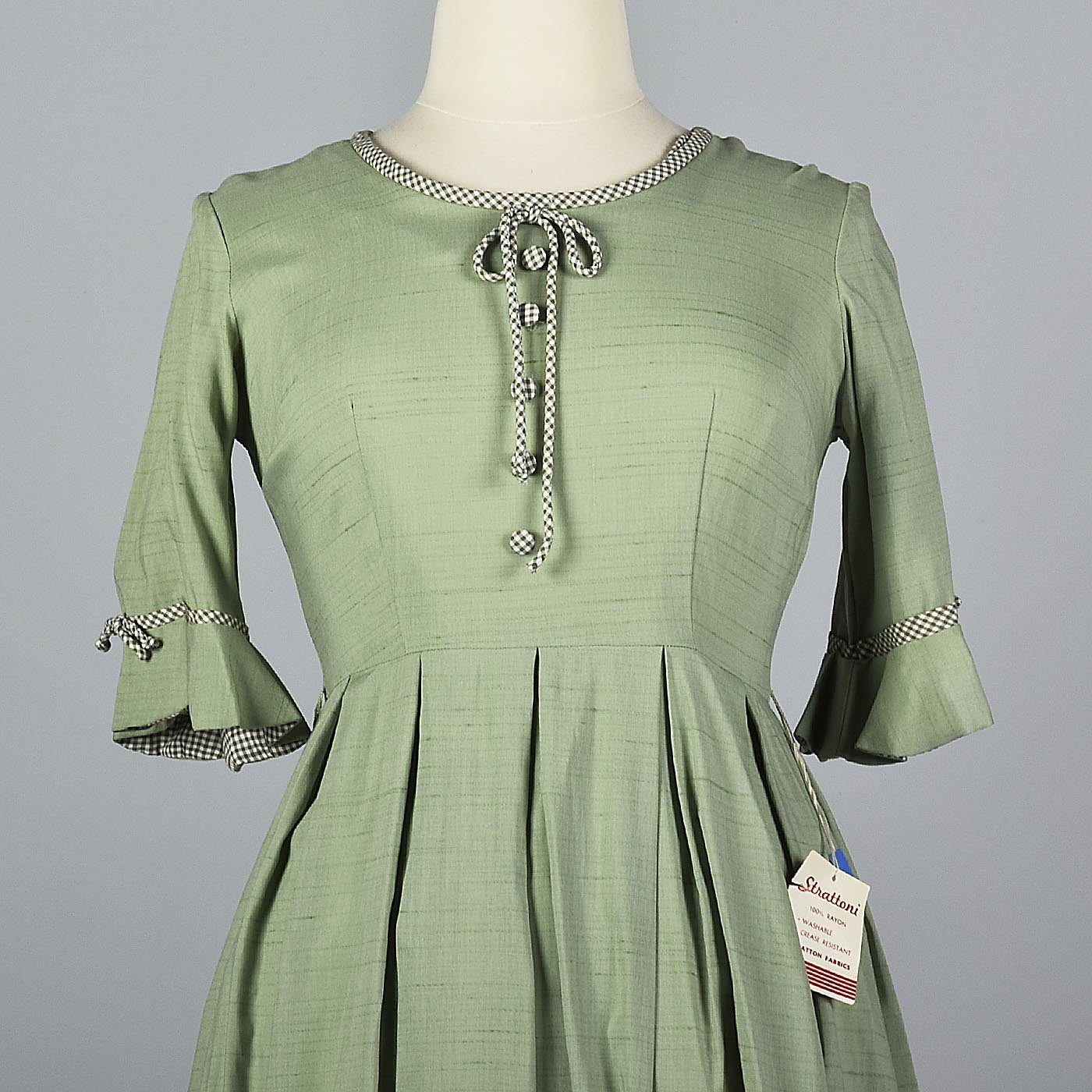 1950s Sage Green Day Dress with Gingham Trim