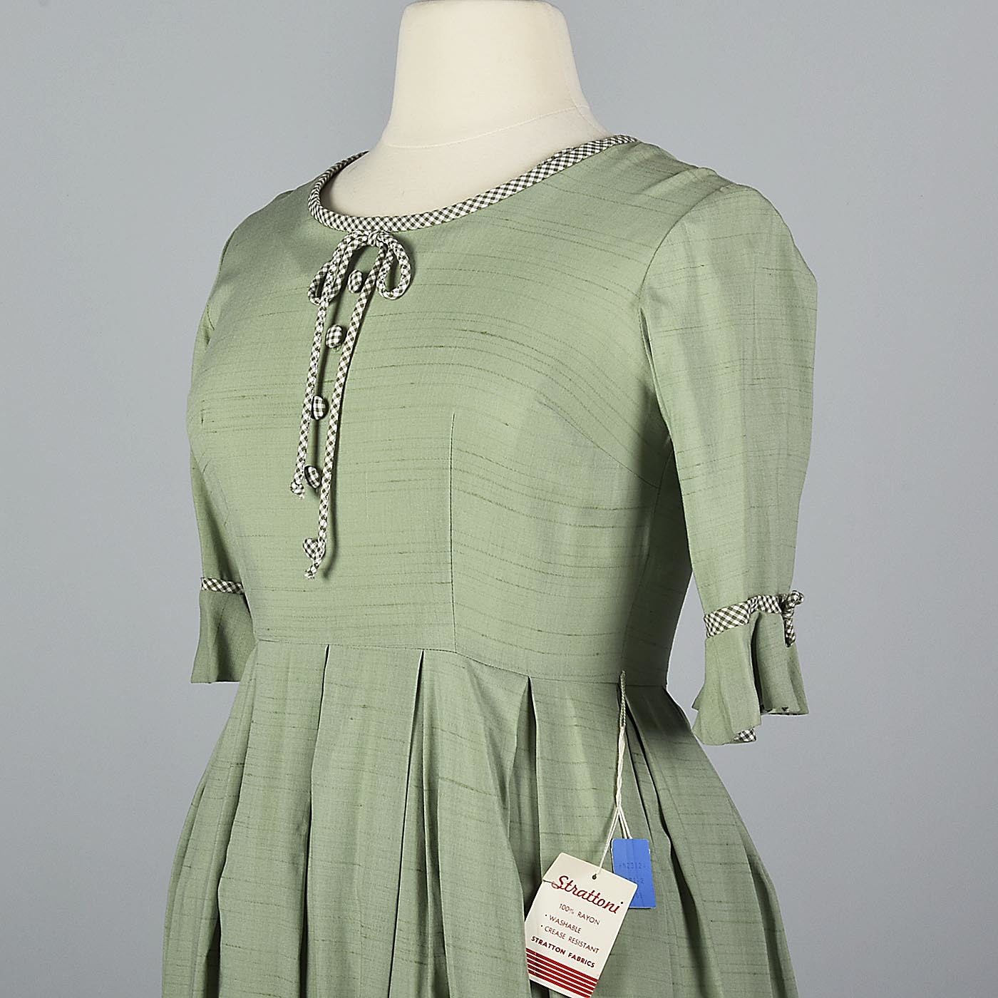 1950s Sage Green Day Dress with Gingham Trim