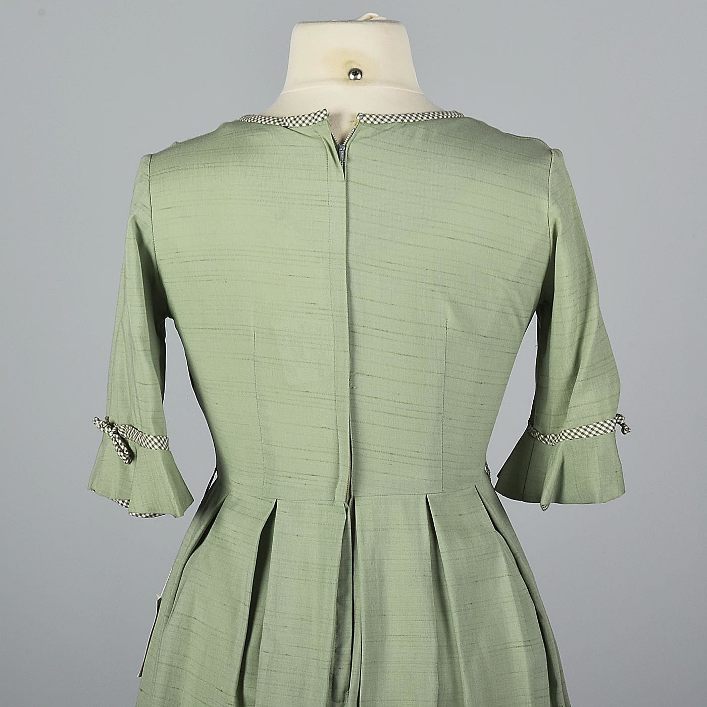 1950s Sage Green Day Dress with Gingham Trim