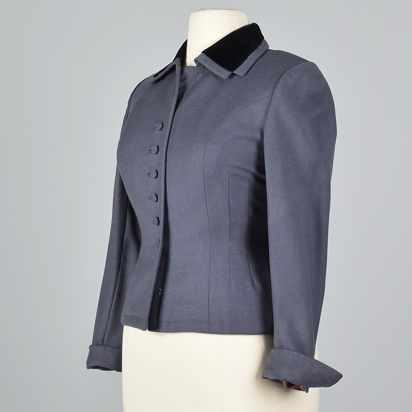 1950s Hourglass Gray Wool Jacket with Velvet Collar