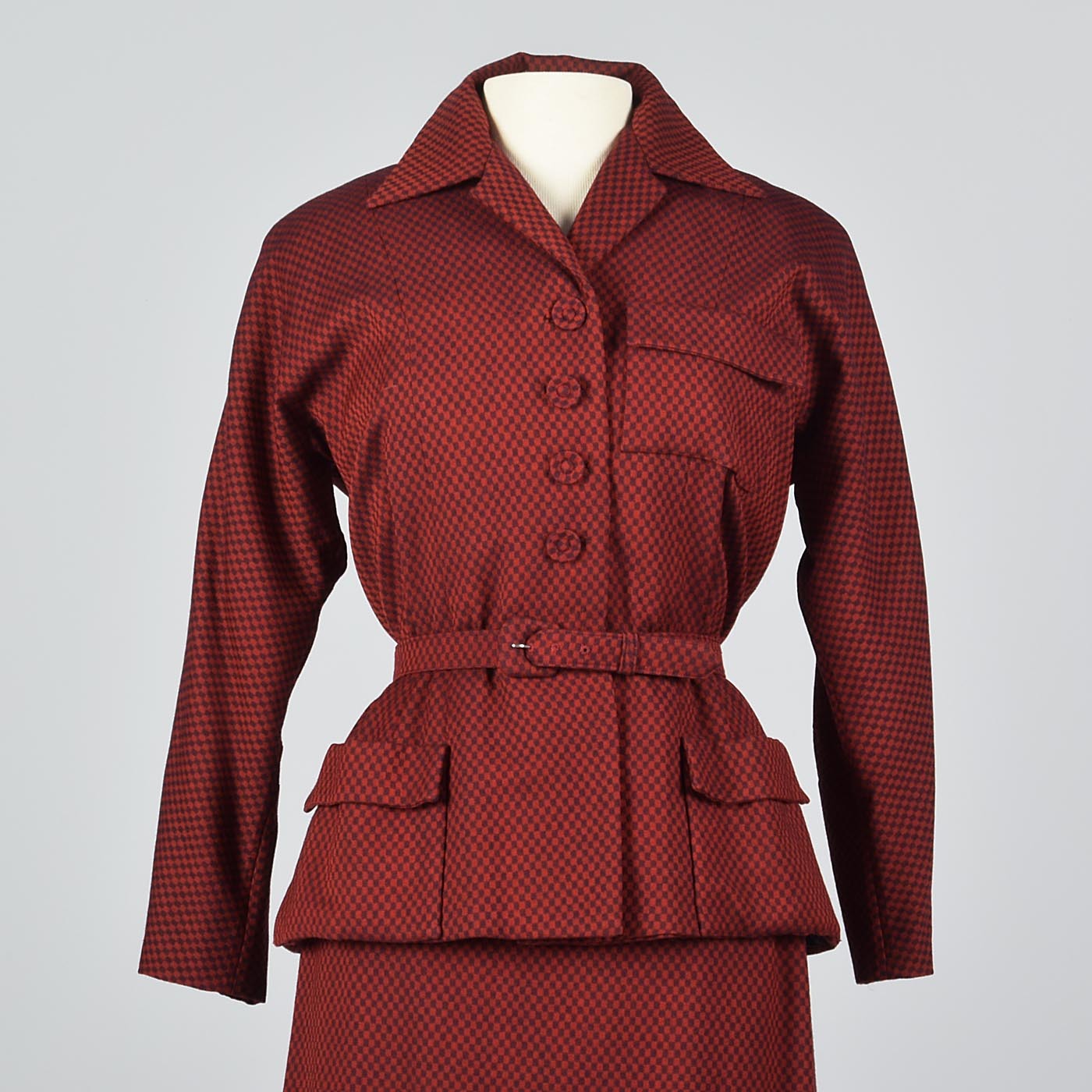 1950s Red Check Belted Skirt Suit with Pleated Back