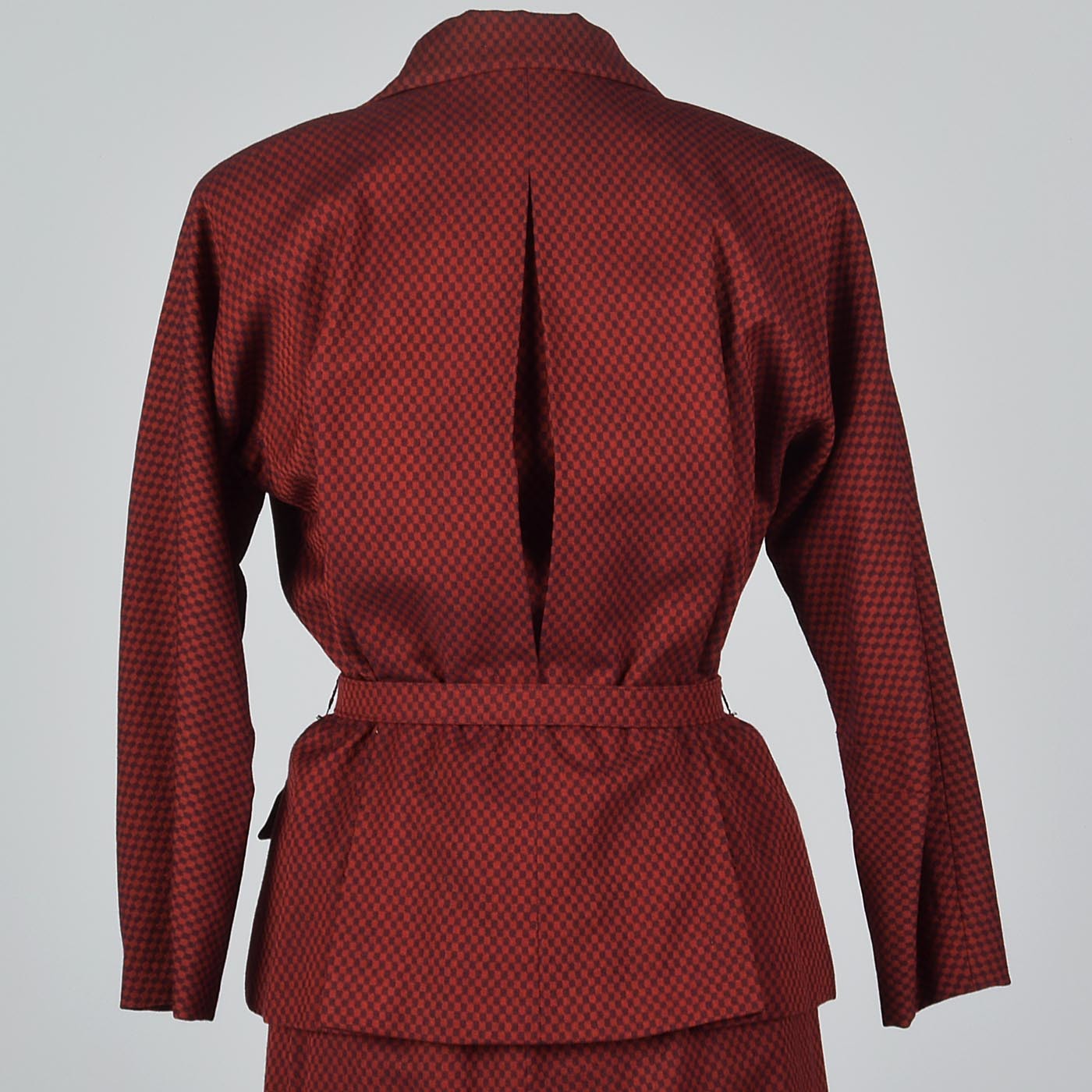 1950s Red Check Belted Skirt Suit with Pleated Back