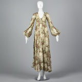 1970s Long Sleeve Bohemian Maxi Dress with a Massive Sweep