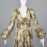 1970s Long Sleeve Bohemian Maxi Dress with a Massive Sweep
