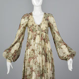 1970s Long Sleeve Bohemian Maxi Dress with a Massive Sweep