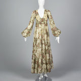 1970s Long Sleeve Bohemian Maxi Dress with a Massive Sweep