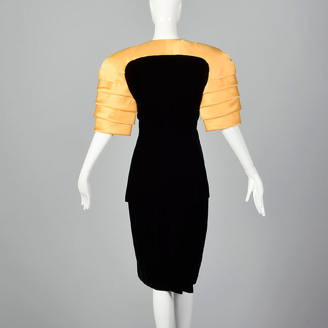 1980s Ingrid Luhn Black Velvet Skirt Suit with Gold Shoulders