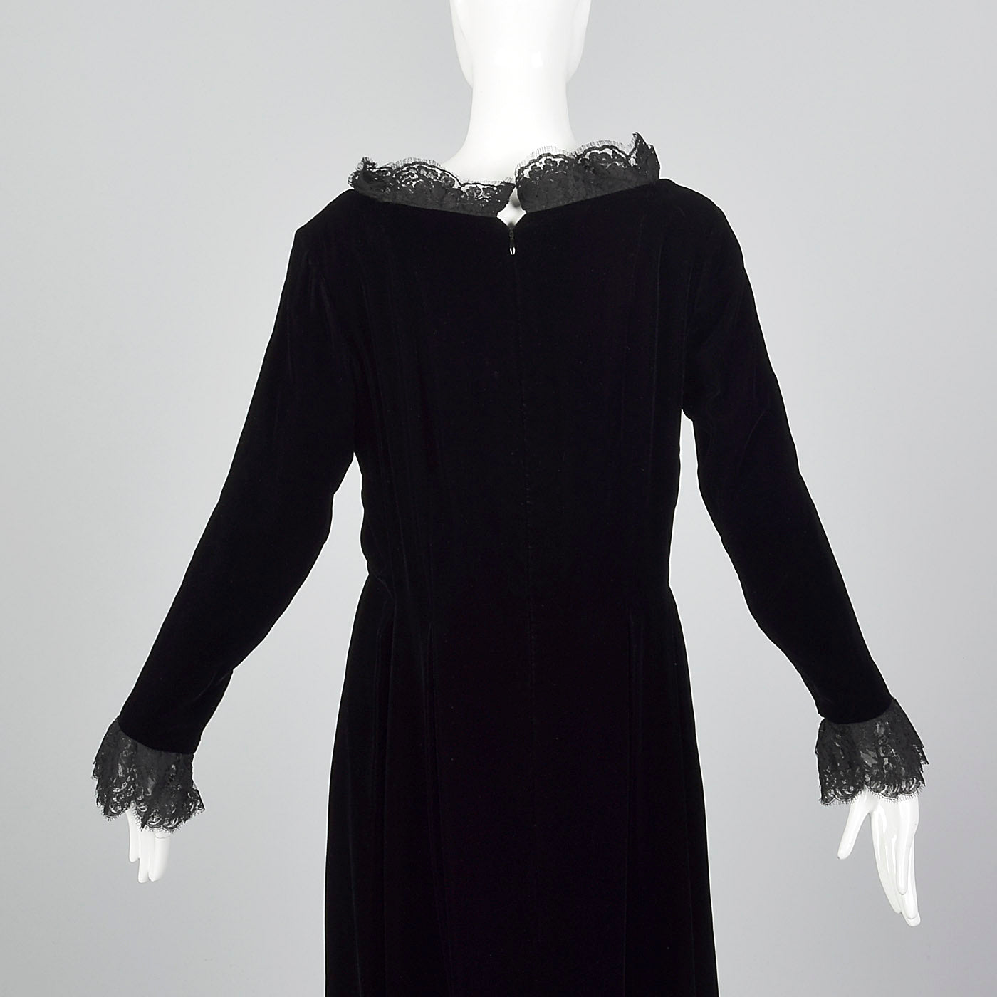 1970s Richilene Black Velvet Evening Dress with Lace Trim
