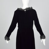 1970s Richilene Black Velvet Evening Dress with Lace Trim