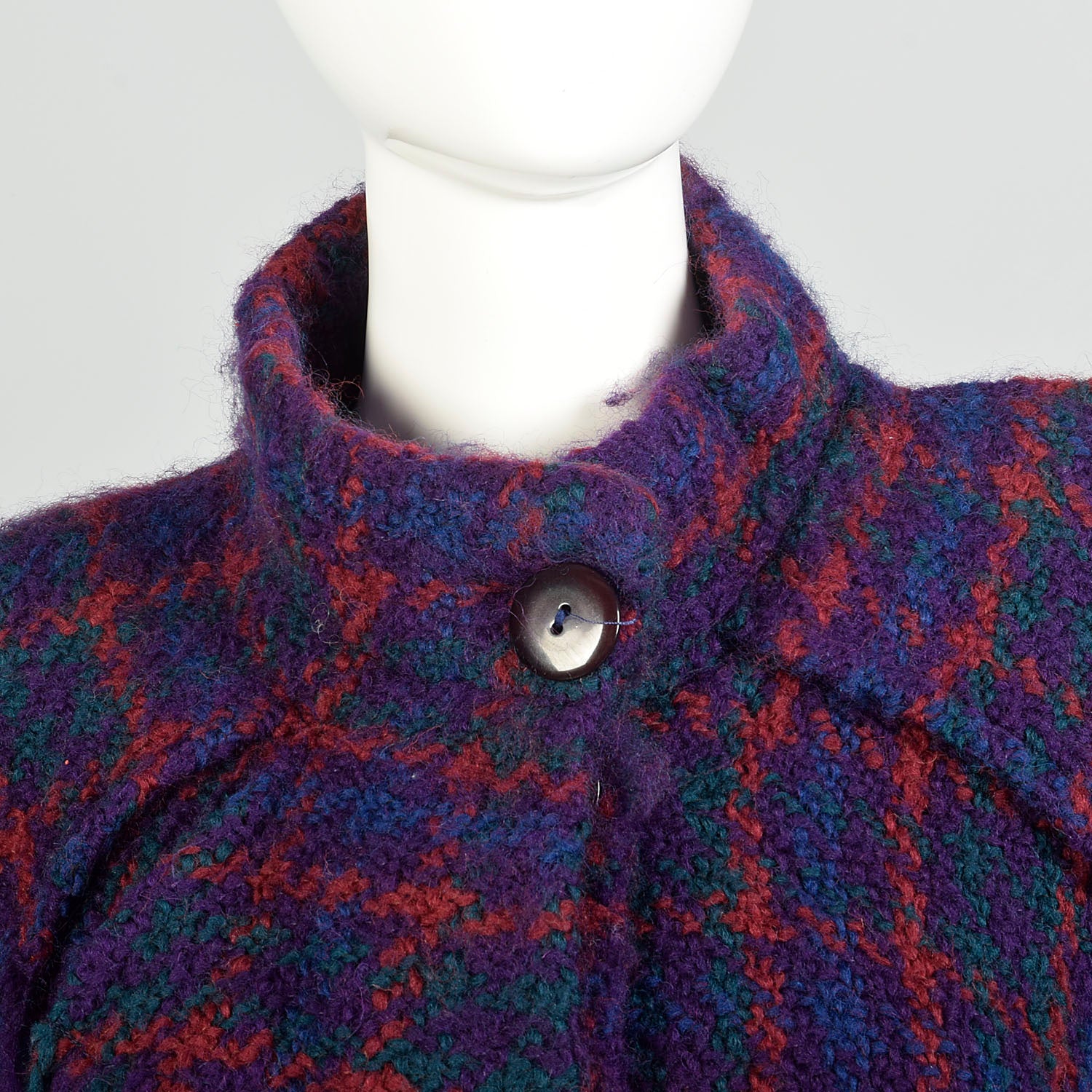 OSFM 1980s Purple Blue Green Red Plaid Wool Poncho Long Cape Woven Textile Jewel Tone Wrap