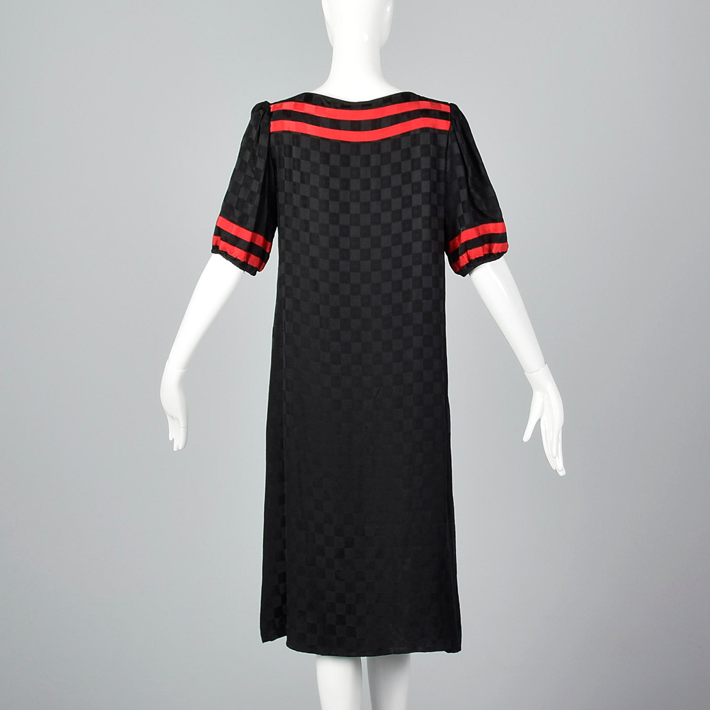 1980s Oleg Cassini Black Silk Dress with Red Trim