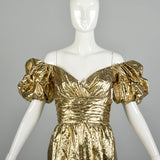 XS 1980s Mike Benet Gold Prom Dress Lamé Evening Gown Metallic Formal